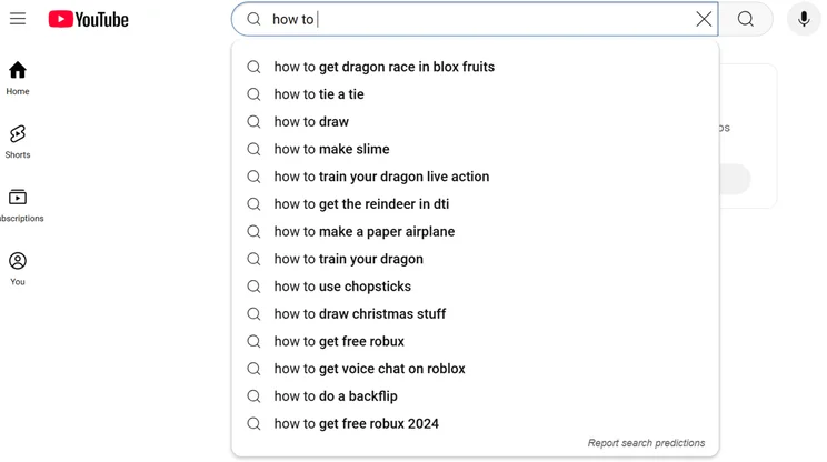 youtube suggested search results after typing how to