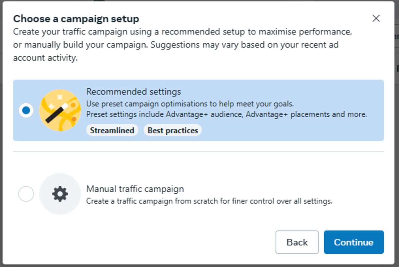 facebook recommended setup or manual setup