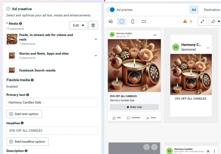 Adding text to Facebook ad with preview to side