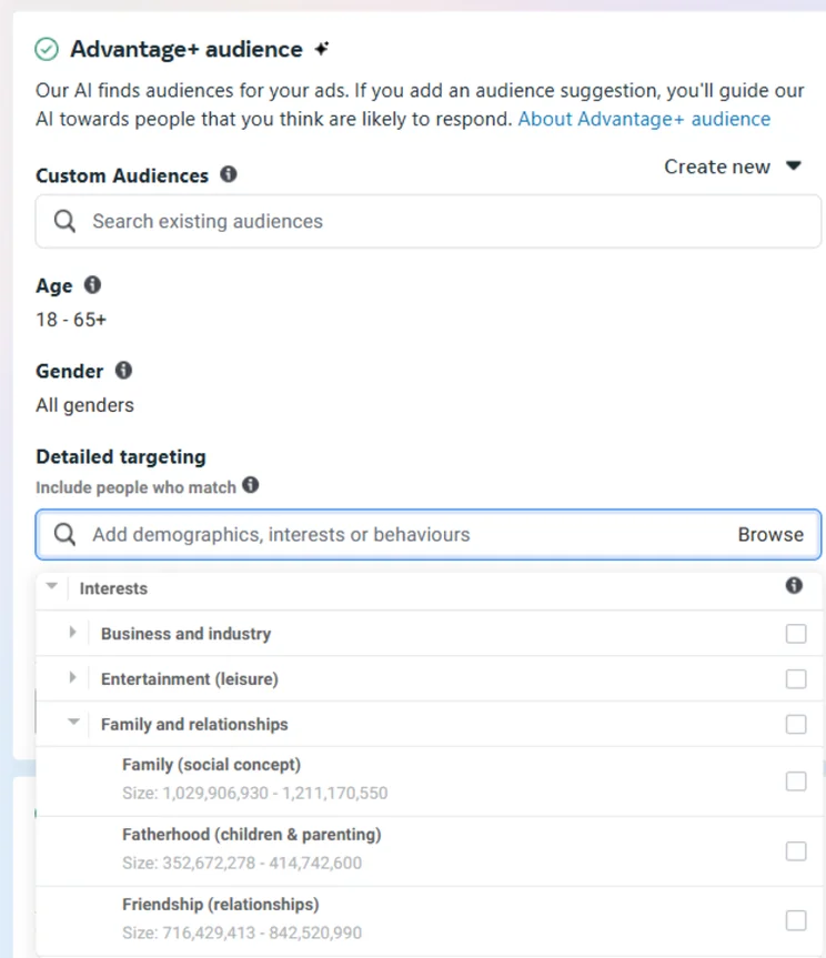 Facebook audience targeting dropdown selection