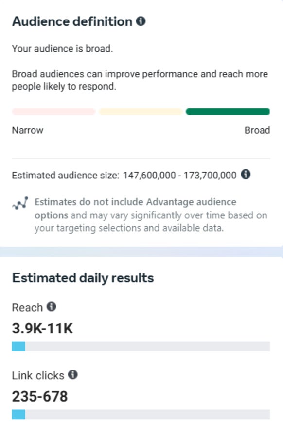 two boxes showing audience size and daily campaign results