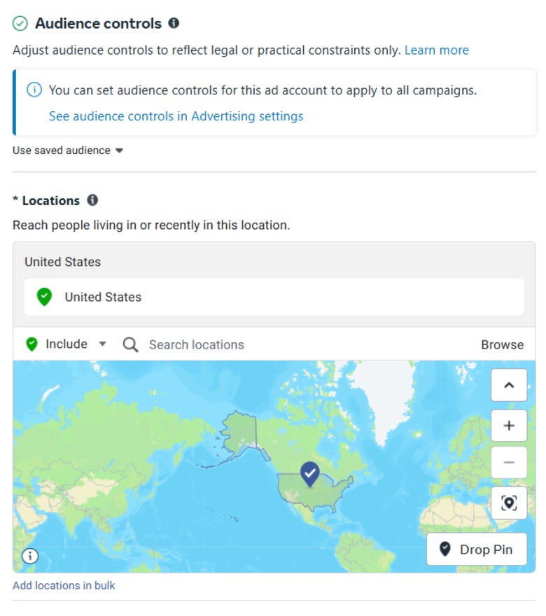 Facebook targeting options with a map of the world