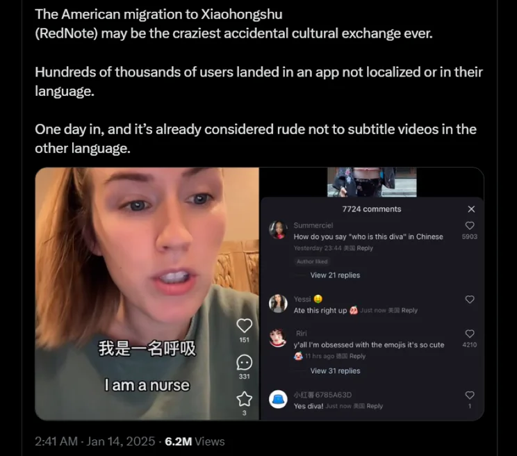 Screenshot of an X post noting the cultural exchange between Chinese and American users on RedNote