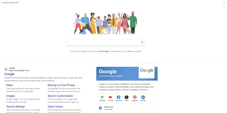Bing search result page for the term "Google", showing a spoof design to mirror the look of Google's homepage