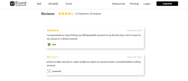 A screenshot of reviews underneath an app from Ecwid's app store