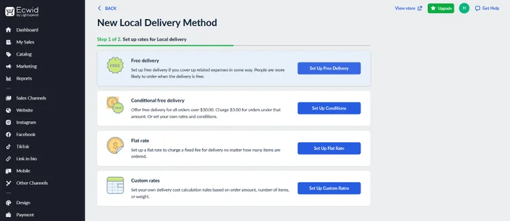 Screenshot of Ecwid's dashboard where you can set up delivery costs