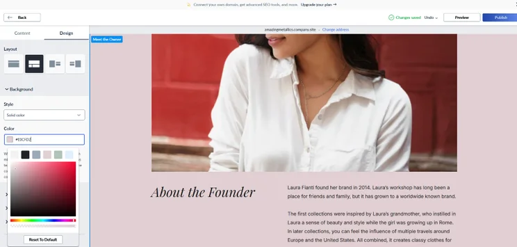 Screenshot of Ecwid's editor when changing the color of the page.