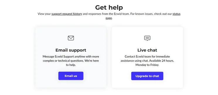 Screenshot of Ecwid's support page with button for email support and upgrading an account for live chat