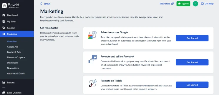 Screenshot of the marketing tab from Ecwid's dashboard listing multichannel integrations available