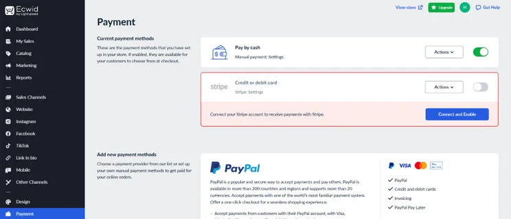Screenshot of the Ecwid dashboard with option to add payment methods to an online store