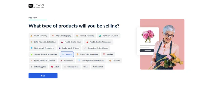 Screenshot of an Ecwid onboarding question asking what products a user sells
