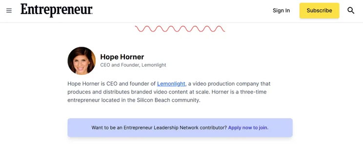 Screenshot of a woman's bio on Entrepreneur website after her guest post