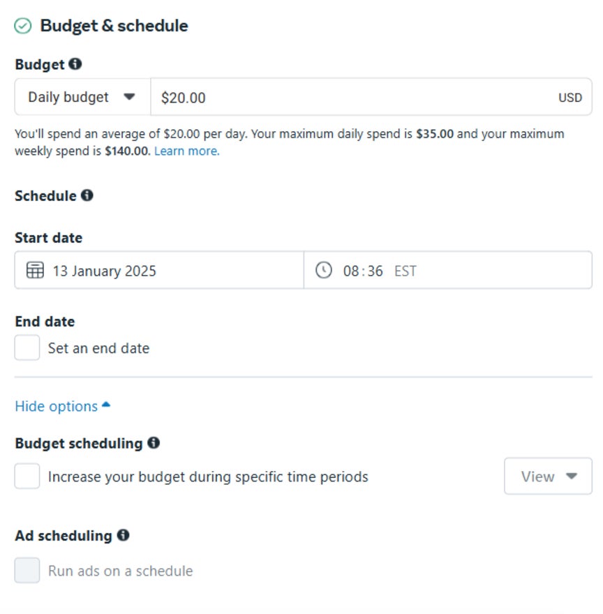 Facebook budget and schedule settings