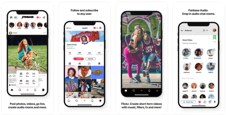 Promotional shots of Fanbase being used on mobiles to show its features and interface
