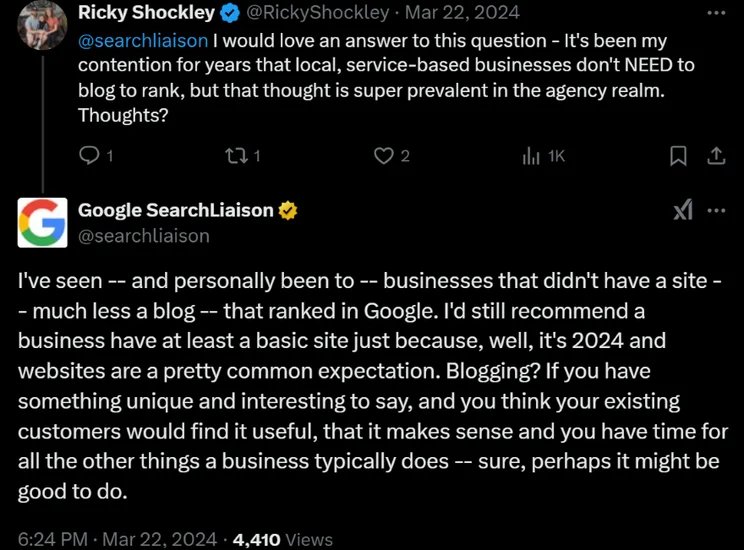 Screenshot of a tweet from Google Search Liason Danny Sullivan