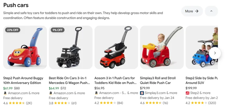 top five results on google shopping for search term push cars