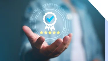 Palm facing up with a icon of a badge and five stars floating in the hand