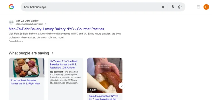Screenshot of the Google SERPs for "best bakeries nyc" search queries and relevant results