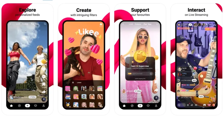 Promotional shots of Likee being used on mobiles to show the app's features and interface