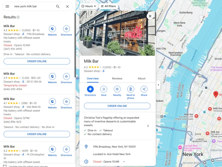 Google Maps search result for "New York milk bar", showing location schema for each result