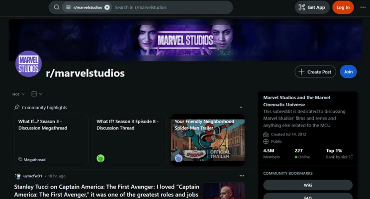 Marvel Studios subreddit homepage