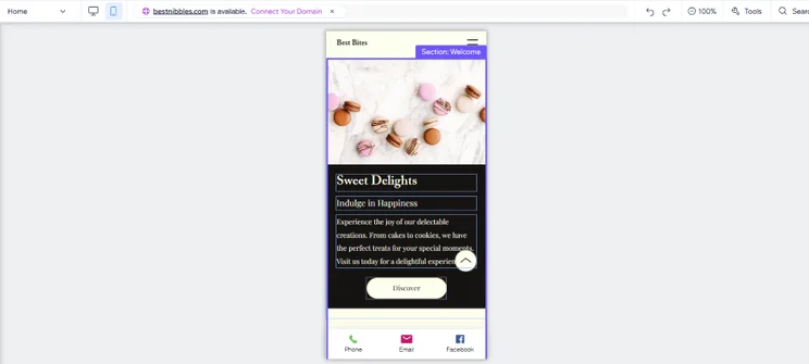 Screenshot of a website in mobile view on Wix's editor