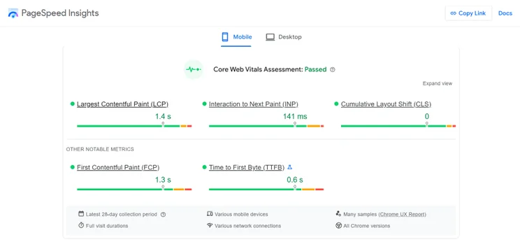 Screenshot of PageSpeed Insights results for a homepage