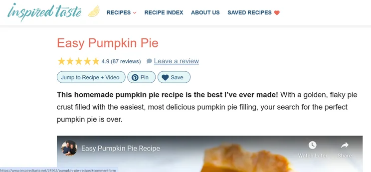 Screenshot of a website page on how tot make a pumpkin pie with page title and text