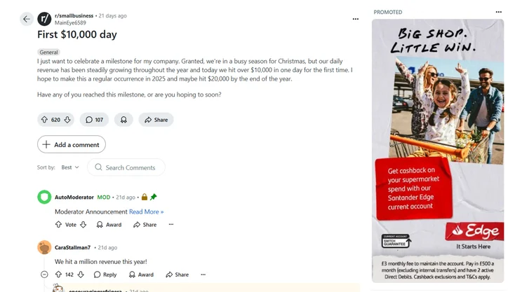 Reddit conversation about small business earnings with a santander banking ad to the right hand side