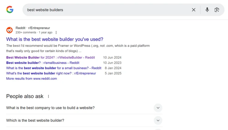 Google search page for "best website builders" showing a Reddit search result