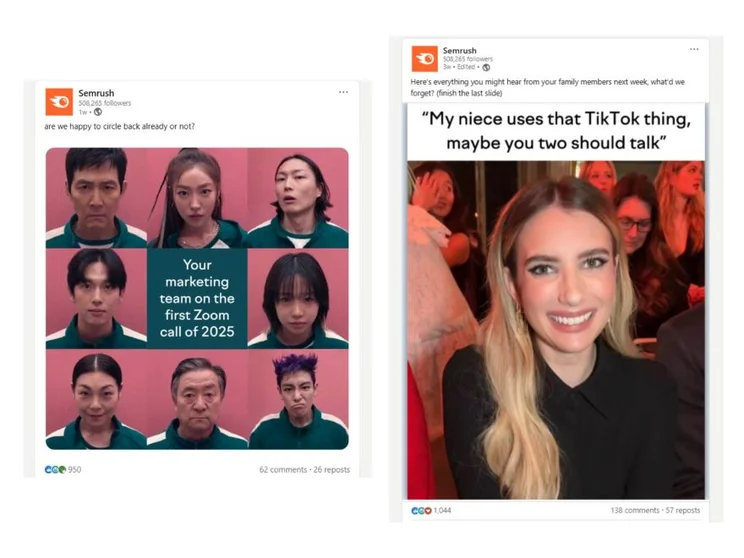 A photo of two Semrush memes from their linkedin page covering pop culture