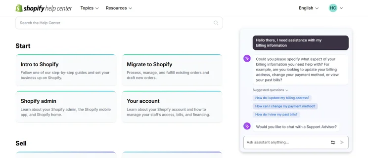 A screenshot of Shopify's Help Center with a pop-up showing the live chat option