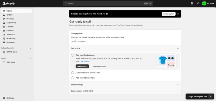Screenshot of Shopify's dashboard with a checklist asking the user to upload products