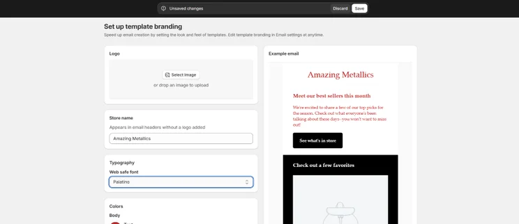 Screenshot of the Shopify Email feature where users edit the template branding