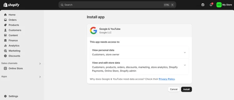 Screenshot of the Shopify Dashboard where the user is installing an app