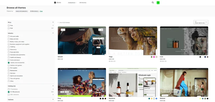 Screenshot of Shopify's template library with six options on screen