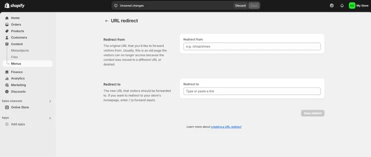 Screenshot of the Shopify dashboard on the URL redirect page