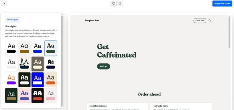A grid of site styles to choose from in Square Online's website editor