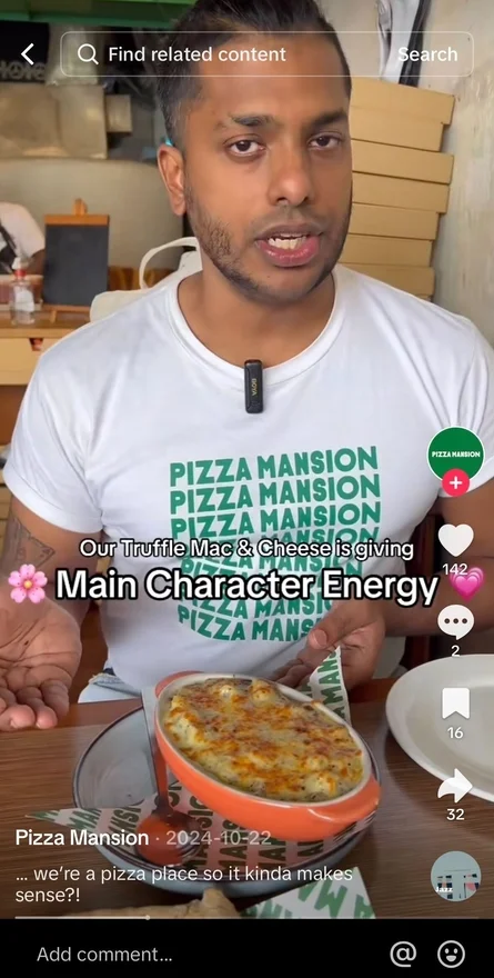 TikTok account pizza mansion using gen z script trend to promote mac and cheese