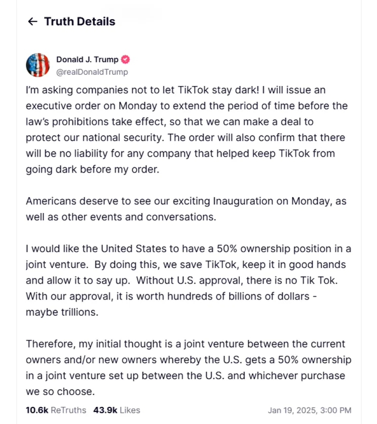 Screenshot of a post from Trump on the TikTok ban delay from Truth Social