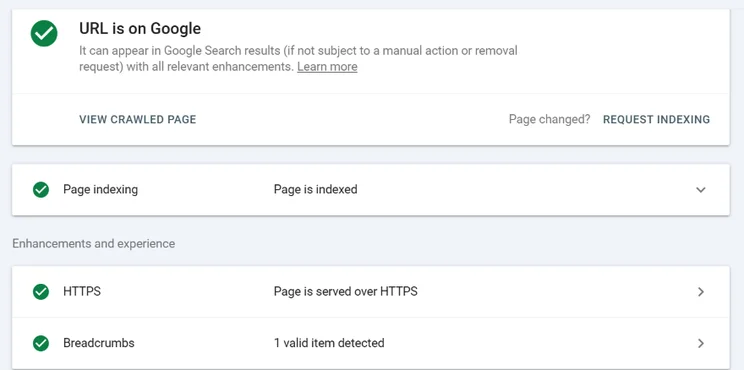 Screenshot of a URL Inspection page on Google Search Console