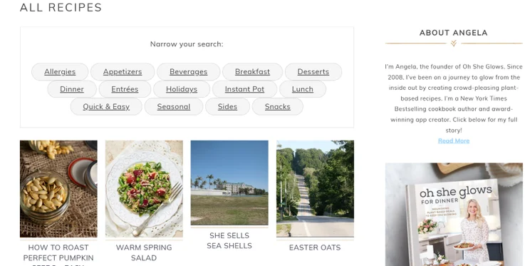 Screenshot of a vegan food blog's category page linking to different types of recipes.