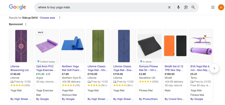 Screenshot of a Google search results page for "where to buy yoga mats" with shopping snippet on screen