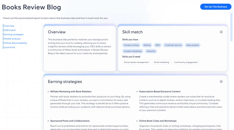 Wix's Business Launcher report based on my business idea