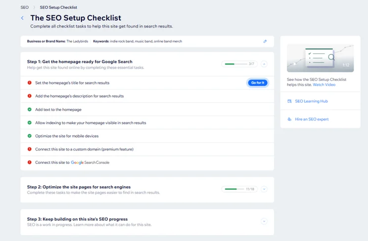 Wix's SEO setup checklist