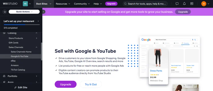 Screenshot of Wix's dashboard on the "Google & YouTube" page for ecommerce integration