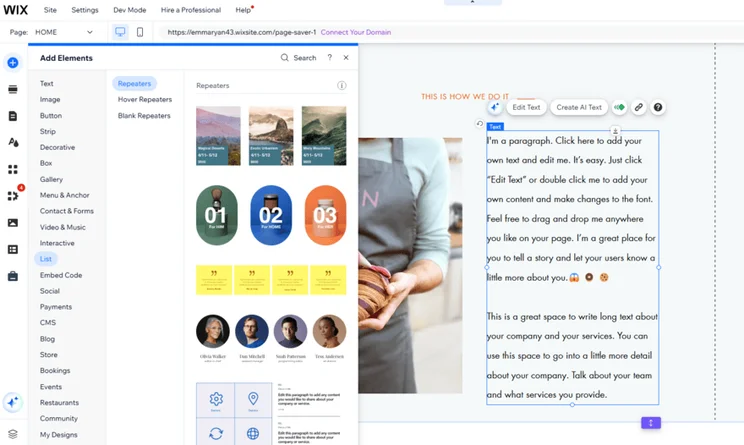 Wix website editor showing a sidebar with list-style elements to add to the page