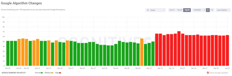 cognitiveSEO SERP volatility tracker showing Dec 2024-Jan 2025 data