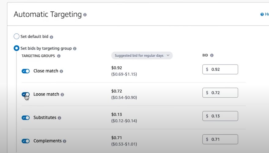 automatic targeting settings for four keyword match types