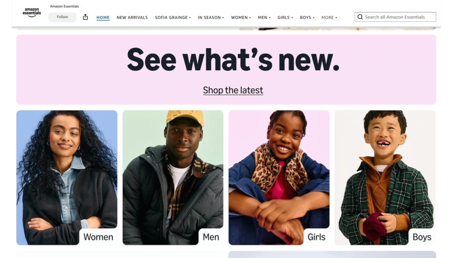 amazon essentials brand store with four images and a header that says see what's new